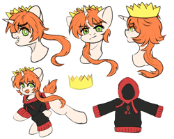 Size: 2500x2000 | Tagged: safe, artist:etoz, imported from derpibooru, oc, oc only, oc:etoz, pony, unicorn, :p, angry, clothes, crown, eyebrows, eyebrows visible through hair, fangs, female, high res, hoodie, horn, jewelry, mare, open mouth, reference sheet, regalia, sketch, solo, tongue out, unicorn oc