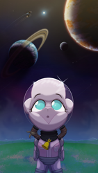 Size: 2160x3840 | Tagged: safe, artist:ljdamz1119, imported from derpibooru, pom lamb, lamb, sheep, them's fightin' herds, bell, community related, female, high res, looking up, planet, pom (tfh), solo, space, spaceship, spacesuit, stars