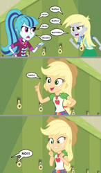 Size: 1141x1959 | Tagged: safe, artist:silverbuller, imported from derpibooru, applejack, derpy hooves, sonata dusk, equestria girls, apple, argument, big no, comedy, comic, derpy hooves is not amused, food, muffin, no, ponytail, sonata dusk is not amused, sonataco, taco, that girl sure loves tacos, that pony sure does love apples, that pony sure does love muffins, that pony sure does love tacos, that siren sure does love tacos, unamused