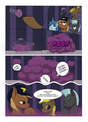 Size: 2904x4000 | Tagged: safe, artist:palibrik, imported from derpibooru, compass star, evening star, party favor, thunderlane, earth pony, pegasus, pony, unicorn, comic:securing a sentinel, abandoned, bottle, broken, carousel boutique, comic, commissioner:bigonionbean, cutie mark, derp, dialogue, dropping, drunk, female, glass, hat, high res, male, offscreen character, ponyville, potion, shattered, shipping, stallion