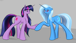Size: 3504x1983 | Tagged: safe, artist:renarde-louve, imported from derpibooru, trixie, twilight sparkle, unicorn, concave belly, female, lesbian, long legs, shipping, twixie, unicorn twilight