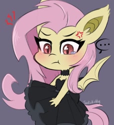 Size: 1994x2182 | Tagged: safe, artist:sakukitty, imported from derpibooru, fluttershy, anthro, bat pony, annoyed, bat ponified, bat wings, blushing, choker, chokershy, clothes, crying, dress, flutterbat, grumpy, pouting, race swap, solo, teary eyes, wings