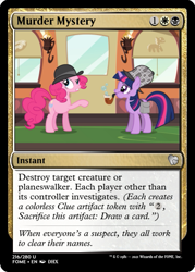 Size: 375x523 | Tagged: safe, edit, imported from derpibooru, pinkie pie, twilight sparkle, earth pony, unicorn, mmmystery on the friendship express, bowler hat, bubble, bubble pipe, ccg, deerstalker, detective, hat, implied death, magic the gathering, pipe, sherlock, sherlock holmes, sherlock sparkle, trading card, trading card edit, train, train car, watson