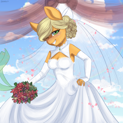 Size: 2200x2200 | Tagged: safe, artist:chickenbrony, artist:cottonaime, derpibooru exclusive, imported from derpibooru, applejack, anthro, earth pony, alternate hairstyle, blushing, bouquet of flowers, bow, clothes, crying, dress, female, flower, green eyes, happy, high res, jewelry, looking at you, mare, marriage, ring, solo, tears of joy, teary eyes, wedding, wedding dress, wedding ring, wedding veil, white dress, your character here
