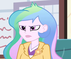 Size: 778x651 | Tagged: safe, imported from derpibooru, screencap, princess celestia, equestria girls, equestria girls series, schedule swap, spoiler:eqg series (season 2), annoyed, celestia is not amused, cropped, cutie mark accessory, female, principal celestia, solo, unamused