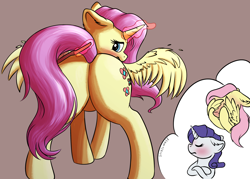 Size: 2066x1479 | Tagged: safe, artist:shaliwolf, imported from derpibooru, fluttershy, rarity, oc, oc:charitable nature, alicorn, pegasus, pony, unicorn, alicorn oc, blushing, brush, brushing, butt, commissioner:bigonionbean, cute, cutie mark, embarrassed, female, flank, fusion, fusion:charitable nature, fusion:fluttershy, fusion:rarity, horn, large butt, magic, mare, plot, tail, the ass was fat, thicc ass, thought bubble, wings, writer:bigonionbean