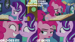 Size: 1280x720 | Tagged: safe, edit, edited screencap, editor:quoterific, imported from derpibooru, screencap, pinkie pie, starlight glimmer, trixie, earth pony, pony, unicorn, season 8, the maud couple, spoiler:s08, book, boop, female, mare, nose to nose, noseboop, open mouth