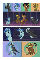 Size: 2904x4000 | Tagged: safe, artist:palibrik, imported from derpibooru, compass star, evening star, party favor, thunderlane, earth pony, pegasus, pony, unicorn, comic:securing a sentinel, abandoned, bottle, broken, carousel boutique, comic, commissioner:bigonionbean, cutie mark, derp, dialogue, dropping, drunk, female, forced, gas, glass, hat, high res, horn, magic, male, offscreen character, ponyville, potion, shattered, shipping, shocked, shocked expression, stallion, surprised, wings