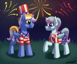 Size: 2100x1750 | Tagged: safe, artist:sa1ntmax, imported from derpibooru, oc, oc:aerial agriculture, oc:earthing elements, alicorn, pony, 4th of july, alicorn oc, background, clothes, commissioner:bigonionbean, cute, cutie mark, female, fireworks, fusion, fusion:aerial agriculture, fusion:bow hothoof, fusion:cloudy quartz, fusion:earthing elements, fusion:gentle breeze, fusion:igneous rock pie, fusion:night light, fusion:posey shy, fusion:twilight velvet, fusion:windy whistles, glasses, grass, grass field, hat, holiday, horn, husband and wife, independence day, male, mare, national flag, nationalism, parent:cloudy quartz, parent:posey shy, parent:twilight velvet, parent:windy whistles, patriotic, pride, romantic, stallion, star spangled banner, top hat, wings, writer:bigonionbean