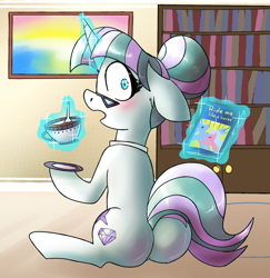 Size: 1500x1541 | Tagged: safe, artist:northernlightsone, imported from derpibooru, oc, oc only, oc:glossy granite, earth pony, pony, unicorn, background, blushing, book, bookshelf, butt, collar, commissioner:bigonionbean, cup, cutie mark, embarrassed, female, flank, food, fusion, fusion:cloudy quartz, fusion:glossy granite, fusion:twilight velvet, glasses, horn, magic, mare, naughty, painting, plot, solo, tea, teacup, writer:bigonionbean