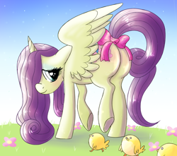 Size: 1700x1500 | Tagged: safe, artist:northernlightsone, imported from derpibooru, oc, oc:charitable nature, alicorn, pegasus, pony, unicorn, adorable face, alicorn oc, background, blushing, bowtie, butt, chicks, commissioner:bigonionbean, cute, cutie mark, embarrassed, female, flank, fusion, horn, magic, mane, mare, not an alicorn, painting, plot, wings, writer:bigonionbean