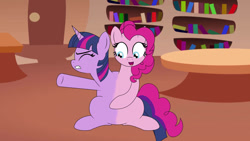 Size: 1192x670 | Tagged: safe, artist:mlpconjoinment, imported from derpibooru, pinkie pie, twilight sparkle, oc, alicorn, pony, alicorn oc, alicorn princess, animated at source, butt, butt expansion, commissioner:bigonionbean, conjoined, cutie mark fusion, dialogue, embarrassed, exclamation point, extra thicc, female, flank, fuse, fused, fusion, growth, horn, interrobang, large butt, magic, merge, merging, no sound, plot, ponyville, question mark, shocked, shocked expression, swelling, transformation, twilight sparkle (alicorn), video, video at source, wings, writer:bigonionbean