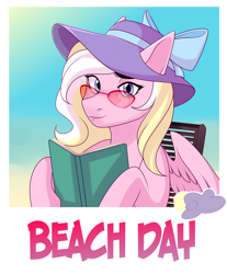 Size: 4000x4840 | Tagged: safe, artist:gradient_8402, imported from derpibooru, oc, oc only, oc:bay breeze, pegasus, pony, beach, book, cute, female, hat, looking at you, mare, pegasus oc, photo, solo, sun hat, sunglasses, text, wings