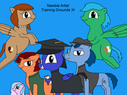 Size: 2000x1500 | Tagged: safe, artist:blazewing, imported from derpibooru, oc, oc only, oc:blazewing, oc:maggie, oc:pastel macaroon, oc:pecan sandy, oc:syntax, oc:tough cookie, earth pony, pegasus, pony, unicorn, atg 2021, blue background, chubby, clothes, colored background, diploma, drawpile, earth pony oc, fat, fedora, female, filly, flying, foal, freckles, glasses, graduation cap, graduation gown, hat, horn, jewelry, looking at you, male, mare, necklace, newbie artist training grounds, pearl necklace, pegasus oc, simple background, smiling, stallion, text, unicorn oc, vest