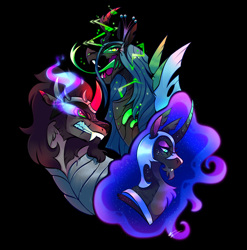 Size: 1280x1297 | Tagged: safe, artist:shebbart, imported from derpibooru, king sombra, nightmare moon, queen chrysalis, alicorn, changeling, changeling queen, pony, umbrum, unicorn, black background, colored horn, crown, curved horn, fangs, female, horn, jewelry, male, mare, regalia, simple background, stallion, tongue out