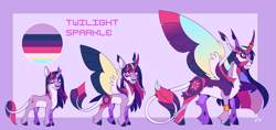 Size: 1280x605 | Tagged: safe, artist:shebbart, imported from derpibooru, twilight sparkle, alicorn, pony, age progression, alternate design, beard, cloven hooves, colored hooves, colored horn, colored wings, curved horn, ear tufts, facial hair, fangs, female, gradient horn, gradient wings, horn, horn jewelry, horn ring, jewelry, leonine tail, mare, multicolored wings, pale belly, reference sheet, ring, solo, story included, twilight sparkle (alicorn), wings