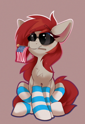 Size: 1398x2047 | Tagged: safe, artist:jazzynsfw, imported from derpibooru, oc, oc only, oc:ponepony, earth pony, pony, american flag, chest fluff, clothes, female, mouth hold, socks, solo, striped socks, sunglasses