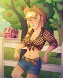 Size: 960x1179 | Tagged: safe, artist:toxiccolour, imported from derpibooru, applejack, human, abs, apple, apple tree, applejack's hat, barn, belly button, belt, breasts, busty applejack, clothes, cowboy hat, cute, female, fence, flannel, food, freckles, grin, hat, humanized, jackabetes, midriff, one eye closed, shorts, smiling, solo, straw in mouth, sweet apple acres, tree, wink