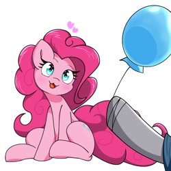 Size: 1280x1280 | Tagged: safe, artist:zeon_starlight, imported from derpibooru, maud pie, pinkie pie, earth pony, pony, :3, balloon, cute, diapinkes, heart, offscreen character, open mouth, party balloon, simple background, that pony sure does love balloons, white background