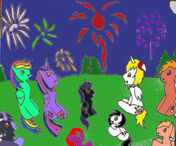 Size: 1199x997 | Tagged: safe, artist:ask-luciavampire, imported from derpibooru, alicorn, earth pony, pegasus, pony, unicorn, vampire, vampony, 4th of july, fireworks, holiday, tumblr