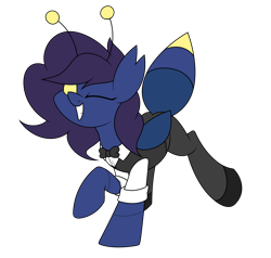 Size: 1792x1706 | Tagged: safe, alternate version, artist:moonatik, imported from derpibooru, oc, oc only, oc:front stage, changeling, ass up, bowtie, changeling oc, clothes, cute, female, gift art, looking at you, one eye closed, pants, raised hoof, shirt, shoes, simple background, smiling, solo, transparent background, waistcoat, wings, wink