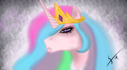 Size: 1860x1024 | Tagged: safe, artist:gsomv, imported from derpibooru, princess celestia, alicorn, pony, bust, lidded eyes, portrait, solo