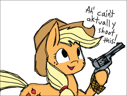 Size: 800x600 | Tagged: artist needed, safe, imported from derpibooru, applejack, earth pony, pony, eye dialect, gun, handgun, hoof hold, horse problems, pistol, reality ensues, revolver, simple background, solo, weapon, white background