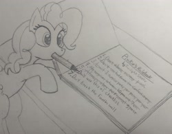 Size: 3766x2934 | Tagged: safe, artist:doodledonutart, artist:pony-thunder, imported from derpibooru, pinkie pie, pony, atg 2021, high res, monochrome, mouth hold, newbie artist training grounds, pencil, solo, traditional art
