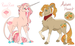 Size: 1700x1050 | Tagged: safe, artist:arexstar, imported from derpibooru, oc, oc only, oc:autumn harvest, oc:rosey ruse, classical unicorn, hybrid, mule, pony, unicorn, cloven hooves, floppy ears, glasses, horn, leonine tail, long horn, offspring, parent:applejack, parent:fluttershy, parent:sunburst, parent:unnamed oc, parents:flutterburst, simple background, unshorn fetlocks, white background