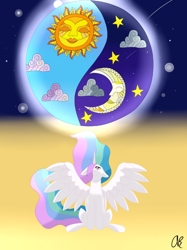 Size: 566x758 | Tagged: safe, artist:aber6823, imported from derpibooru, princess celestia, alicorn, pony, moon, solo, spread wings, sun, wings