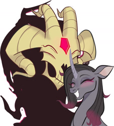 Size: 1280x1412 | Tagged: safe, artist:switchsugar, imported from derpibooru, fhtng th§ ¿nsp§kbl, oleander, demon, unicorn, them's fightin' herds, awwleander, blushing, community related, cute, duo, eyes closed, female, fredeander, grin, male, oleander (tfh), shipping, simple background, smiling, straight, when he smiles, when she smiles, white background