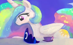 Size: 1954x1213 | Tagged: safe, artist:mandumustbasukanemen, imported from derpibooru, princess celestia, alicorn, pony, abstract background, atg 2021, cup, food, implied princess luna, jewelry, missing accessory, newbie artist training grounds, solo, tea, teacup, tiara