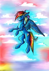 Size: 1480x2160 | Tagged: safe, artist:stirren, imported from derpibooru, rainbow dash, pegasus, pony, flying, sky, solo, traditional art