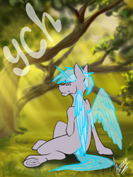 Size: 3000x4000 | Tagged: safe, artist:stirren, imported from derpibooru, pony, commission, digital art, horn, solo, tree, wings, your character here