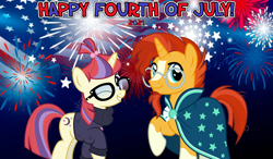 Size: 2064x1204 | Tagged: safe, anonymous artist, imported from derpibooru, moondancer, sunburst, unicorn, 2021, 4th of july, clothes, egghead, female, fireworks, glasses, holiday, male, mare, one eye closed, robe, shipping, smiling, stallion, straight, sundancer, sweater, wink