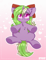 Size: 2000x2600 | Tagged: safe, artist:etoz, imported from derpibooru, oc, oc only, oc:sparkly breeze, unicorn, blushing, bow, chibi, commission, cute, eye clipping through hair, eyebrows, eyebrows visible through hair, female, gradient background, happy, heart, high res, horn, looking at you, mare, offscreen character, pov, reaching, reaching out, smiling, unicorn oc, wingding eyes