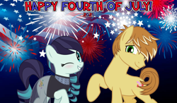 Size: 2064x1204 | Tagged: safe, anonymous artist, imported from derpibooru, coloratura, feather bangs, earth pony, 2021, 4th of july, american independence day, colorabangs, female, fireworks, holiday, male, mare, one eye closed, shipping, smiling, stallion, straight, wink