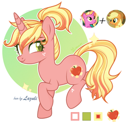 Size: 2468x2436 | Tagged: safe, artist:hoochuu, imported from derpibooru, applejack, luster dawn, oc, oc only, oc:appledelight, pony, unicorn, base used, cute, female, fusion, high res, mare, reference sheet, screencap reference