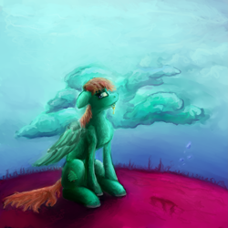 Size: 2449x2449 | Tagged: safe, artist:kingsleyrulz, imported from derpibooru, oc, oc only, pegasus, pony, bubble, flowing mane, green eyes, high res, key, ocean, orange mane, sitting, solo, sunlight, underwater, water, wings