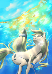 Size: 595x842 | Tagged: safe, artist:thatfriendlysomeone, imported from derpibooru, oc, oc only, earth pony, pony, bubble, cloud, crepuscular rays, flowing mane, holding breath, looking up, newbie artist training grounds, ocean, sky, solo, sunlight, swimming, underwater, water, yellow mane