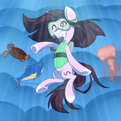 Size: 2449x2449 | Tagged: safe, artist:kasukamachikyu, imported from derpibooru, oc, oc only, earth pony, fish, jellyfish, pony, turtle, brown eyes, crepuscular rays, deviantart watermark, dive mask, diving goggles, female, flowing mane, flowing tail, high res, obtrusive watermark, ocean, one eye closed, scuba, scuba diving, scuba gear, signature, smiling, solo, sunlight, teeth, underwater, water, watermark, wink