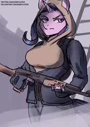 Size: 2480x3508 | Tagged: safe, artist:nire, imported from derpibooru, starlight glimmer, anthro, unicorn, ak-47, assault rifle, breasts, busty starlight glimmer, clothes, female, frown, gun, high res, hoodie, jacket, jeans, pants, rifle, s.t.a.l.k.e.r., solo, weapon
