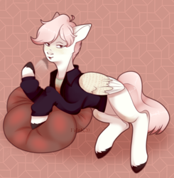 Size: 2800x2860 | Tagged: safe, artist:fajnk, imported from derpibooru, oc, oc only, oc:quincy, pegasus, pony, abstract background, clothes, cute, freckles, happy, high res, male, open mouth, pegasus oc, pillow, shirt, smiling, solo, stallion, t-shirt, wings