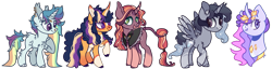 Size: 1600x411 | Tagged: safe, artist:caramelbolt24, imported from derpibooru, oc, oc only, alicorn, pony, unicorn, alicorn oc, bust, clothes, colored sketch, ear piercing, ethereal mane, eyelashes, female, hoof on chest, horn, leonine tail, mare, multicolored hair, piercing, rainbow hair, raised hoof, simple background, smiling, starry mane, transparent background, unicorn oc, wings