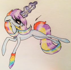 Size: 2382x2348 | Tagged: safe, artist:beamybutt, imported from derpibooru, oc, oc only, pony, unicorn, clothes, eyelashes, female, glowing horn, high res, horn, leg warmers, looking back, mare, multicolored hair, rainbow hair, signature, solo, traditional art, unicorn oc