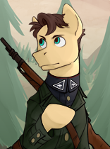 Size: 156x210 | Tagged: safe, artist:bunnyshrubby, imported from derpibooru, oc, oc only, oc:golden morning, earth pony, pony, equestria at war mod, bust, clothes, coat, earth pony oc, forest, forest background, gun, male, military uniform, portrait, rifle, uniform, weapon