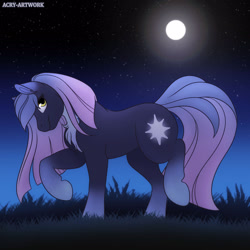 Size: 1600x1600 | Tagged: safe, artist:acry-artwork, imported from derpibooru, oc, oc only, earth pony, pony, chest fluff, ethereal mane, grass, moon, night, solo, starry mane, stars