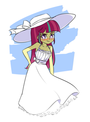 Size: 689x930 | Tagged: safe, artist:twilite-sparkleplz, imported from derpibooru, sour sweet, equestria girls, blushing, clothes, cute, dress, embarrassed, hat, smiling, solo, sourbetes, sun hat, sundress, wavy mouth