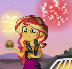 Size: 1024x984 | Tagged: safe, artist:emeraldblast63, imported from derpibooru, sunset shimmer, equestria girls, 4th of july, barbeque, burger, fireworks, food, hamburger, holiday, solo, veggie burger