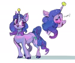 Size: 2048x1707 | Tagged: safe, artist:memaikora13, imported from derpibooru, izzy moonbow, pony, unicorn, ball, blushing, cute, dialogue, eyes closed, female, g5, high res, horn, horn guard, horn impalement, hornball, izzy's tennis ball, izzybetes, mare, open mouth, simple background, solo, tennis ball, unshorn fetlocks, white background